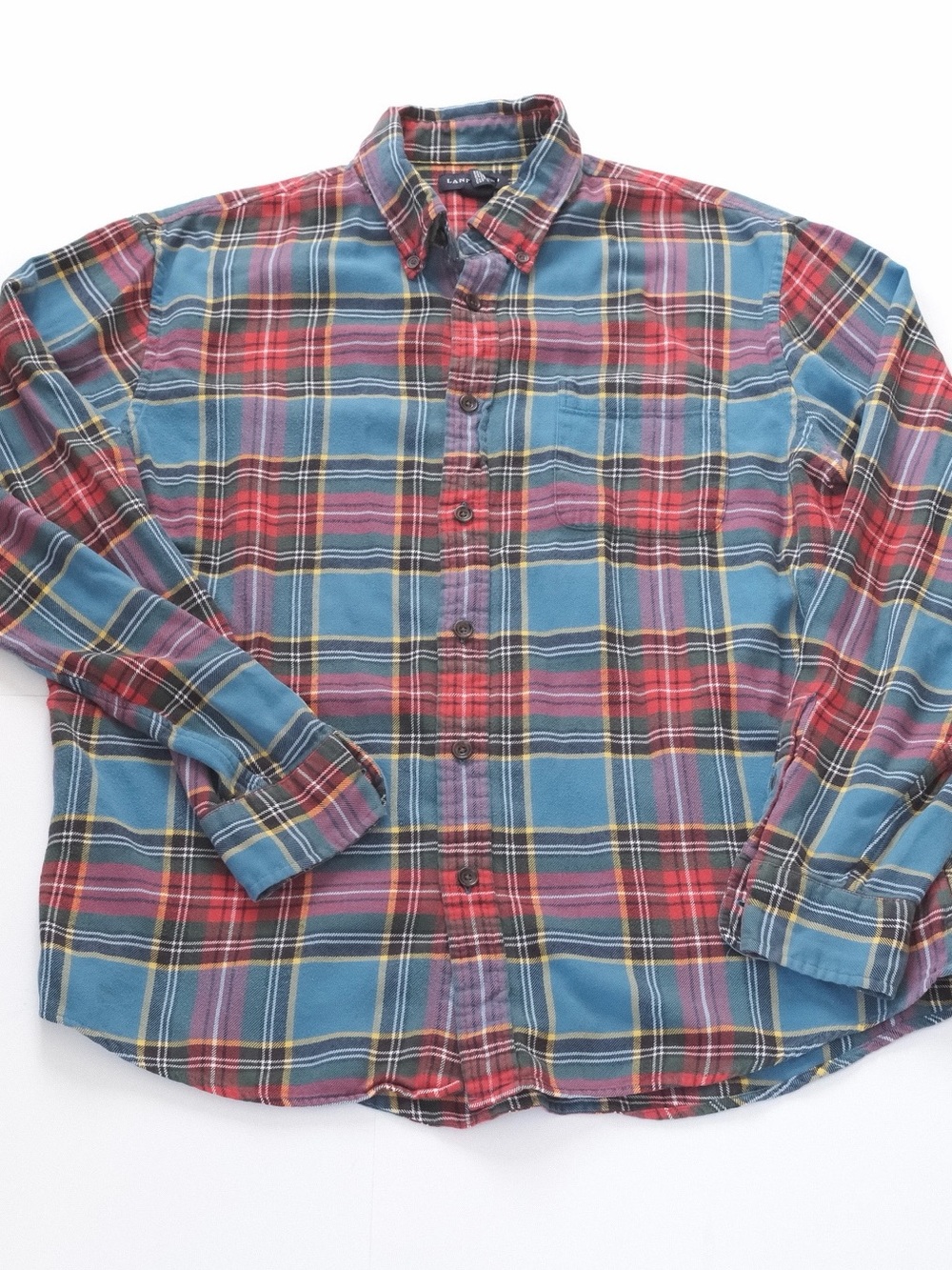 Lands End Blue Red Checkered Plaid Flannel Cotton Button Up - Size Large
